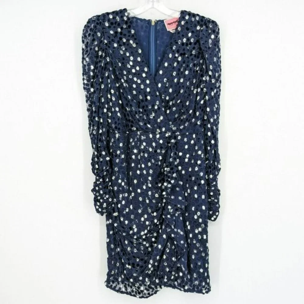 Kate Spade Scatter Dot Dress 6 Navy Silver Faux Wrap Ruffle Velvet Long Sleeve